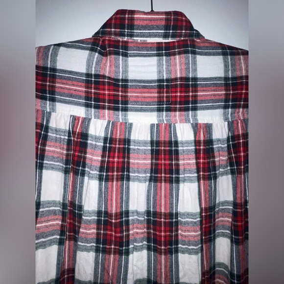 River Island Red White Green Check Plaid Oversized Pleated Flannel Shirt Sz M - Picture 3 of 9